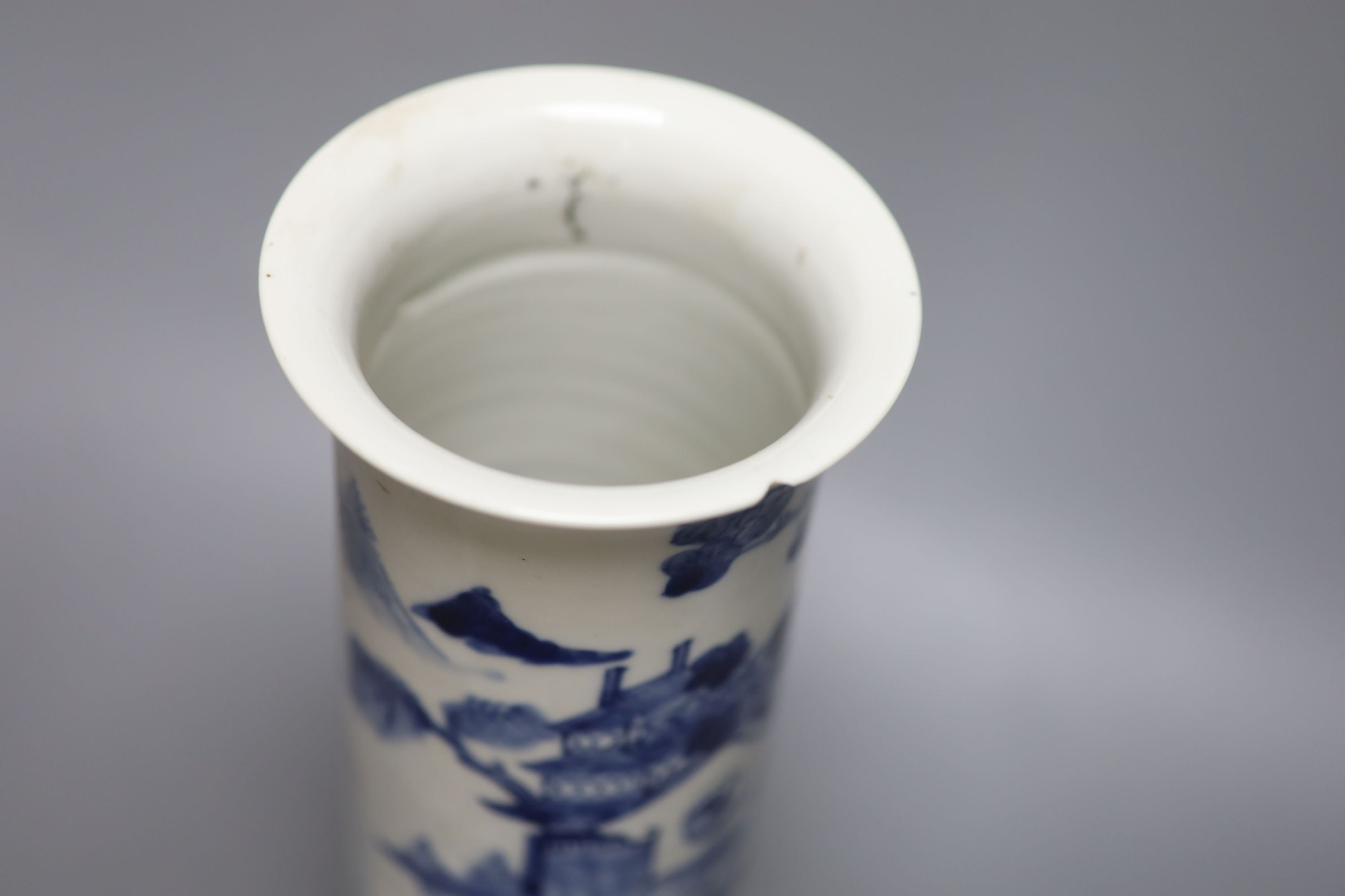 A Chinese blue and white sleeve vase, Kangxi mark but c.1900, height 30.5cm